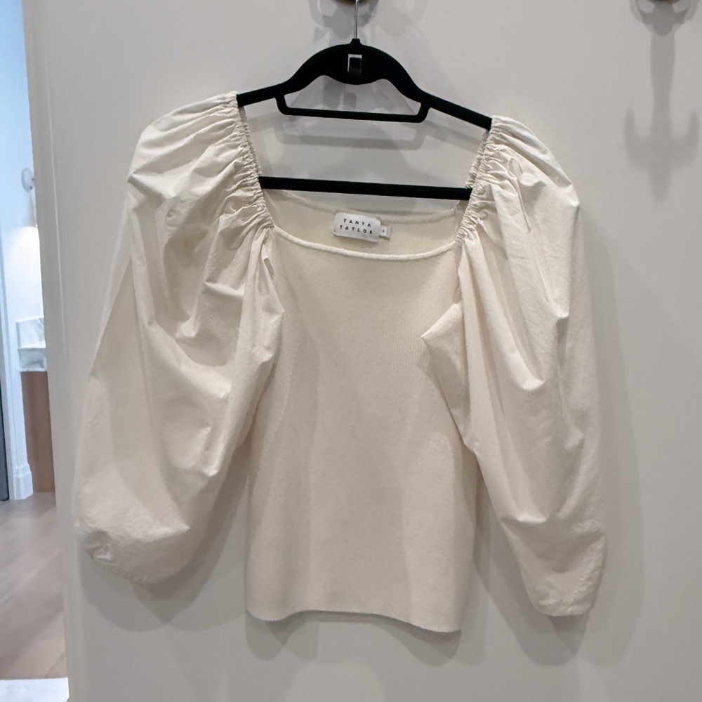Tanya Taylor Cream Puff-Sleeve Square Neck Blouse